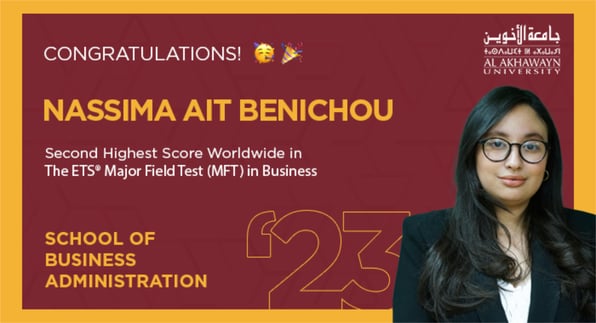 Featured image: Nassima Ait Benichou AUI has achieved the second-highest score globally in the ETS Major Field Test in Business - Read full post: Al Akhawayn University Student Nassima Ait Benichou Achieves Second Highest Score Worldwide in the ETS® Major Field Test (MFT) in Business